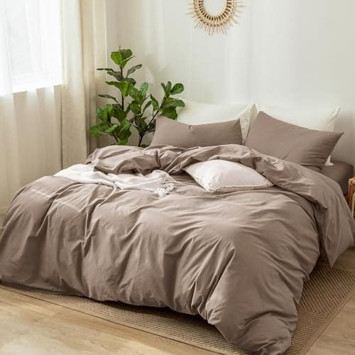 MooMee Bedding Duvet Cover Set in Brown, Queen Size 100% Washed Cotton Linen Like Textured Breathable and Durable Soft Comfy