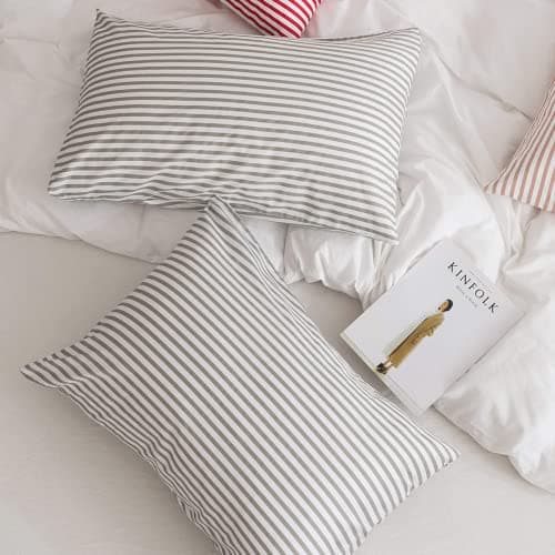 JELLYMONI 100% Natural Cotton Striped Pillowcases Set, 2 Pack White and Grey Stripes Printed Covers