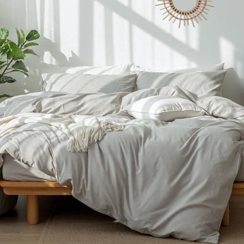 MooMee Bedding Duvet Cover Set in Brown, Queen Size 100% Washed Cotton Linen Like Textured Breathable and Durable Soft Comfy