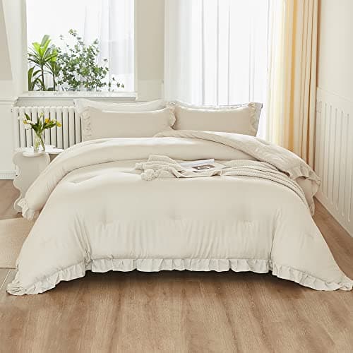Litanika Queen Beige Ruffle Comforter Set, 3 Pieces, Fluffy Bedding