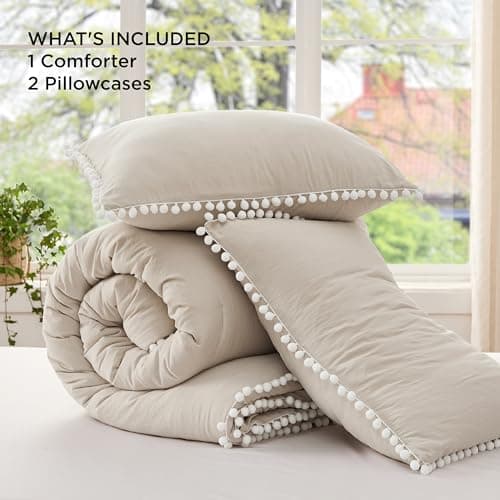 Bedsure Linen Queen Comforter Set with Pom Pom Detail - Vintage Boho Bedding Set for All Seasons, 3 Piece Shabby Chic Design with Fluffy Softness and 2 Pillow Shams