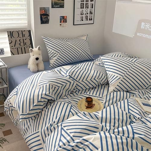 VM VOUGEMARKET Queen Blue Striped Duvet Cover & Pillowcases Set