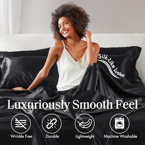 Madison Park Essentials Full Black Satin Sheet Set - Luxury, Elastic Fit up to 16" Mattresses
