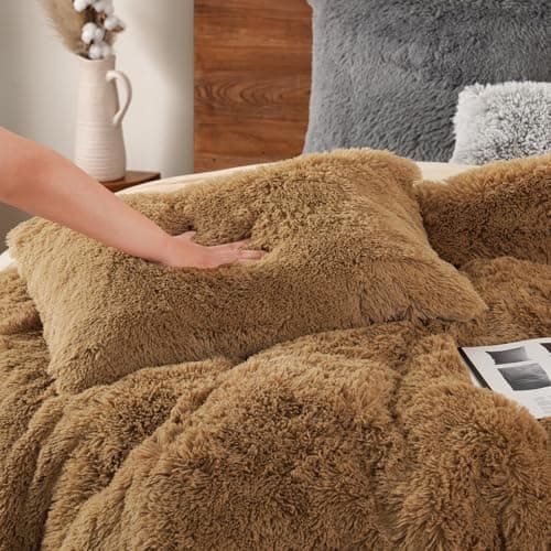 PHF Shaggy Fluffy Faux Fur King Size Duvet Cover Set