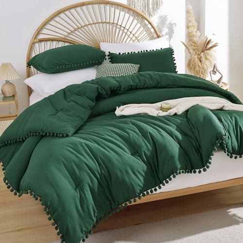 YIRDDEO Queen Size Comforter Set with Ball Pom Fringe - Oatmeal