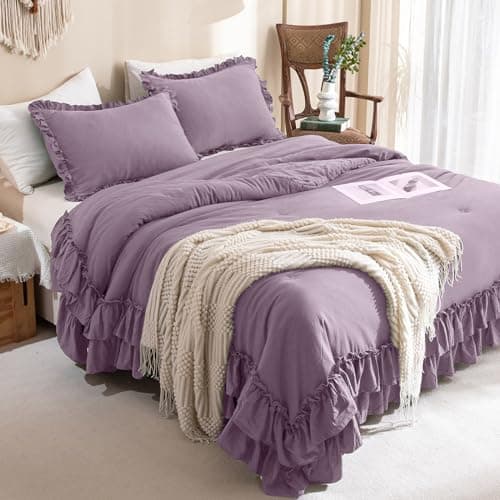 Masaca Ruffled Comforter Set Queen, Farmhouse Boho Chic Linen Feel Bedding