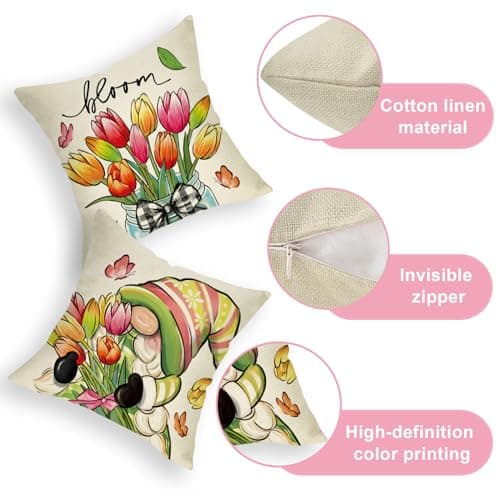 Spring & Summer Gnome Tulip Throw Pillow Covers, 20x20 Set of 4