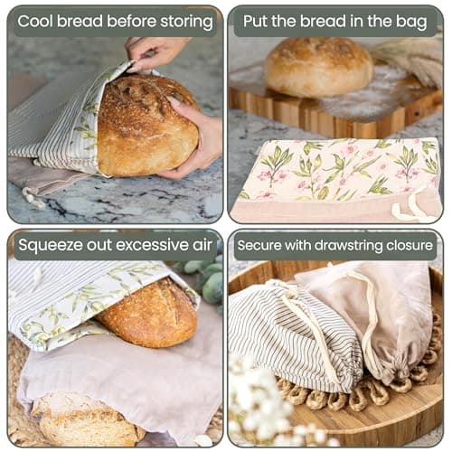 Premium Linen & Beeswax Bread Bags, 2 Pack - Reusable Sourdough & Homemade Storage - Olive Leaf/Almond Branch