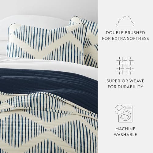 Modern Diamond Navy Linen Quilt Coverlet Set - Ultra Soft Microfiber