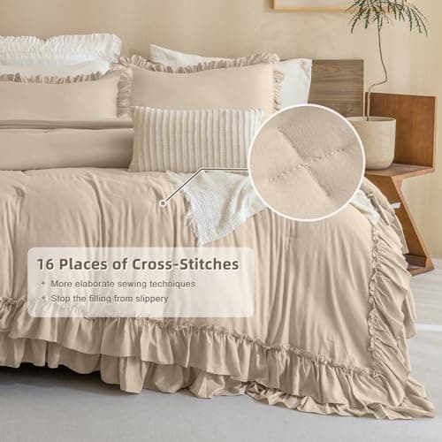 Masaca Ruffled Comforter Set Queen, Farmhouse Boho Chic Linen Feel Bedding