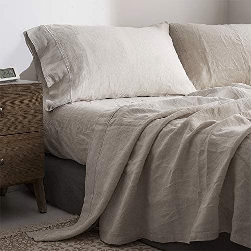 Simple & Opulence Pure Linen Full Size Sheet Set - 4 Pcs Natural Embroidery