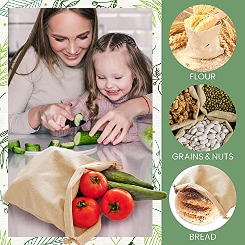 5 Pcs Large Organic Cotton Produce Bags for Organizing, Shopping, Storage, Grocery, Dust Cover, and Gift