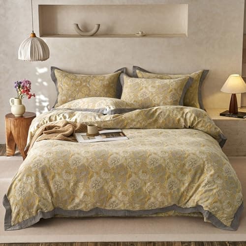 VM VOGUEMARKET Gold Green Flower Percale cotton Duvet Cover with Zipper Closure