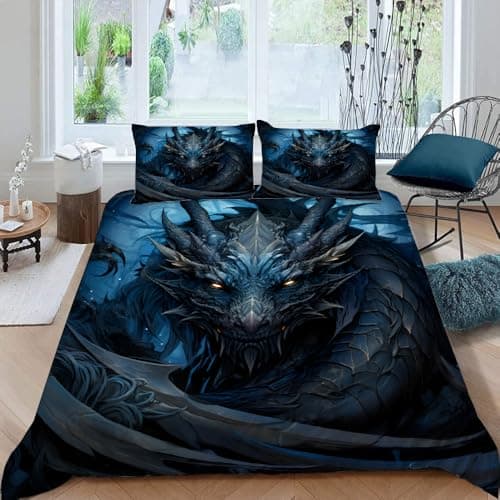 Cook Ice Dragon Decorative 3-Piece Bedding Set, King Size, Mysterious Animals Duvet Cover