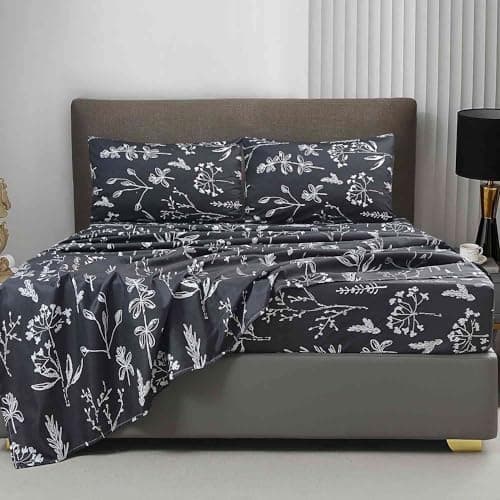 Nanko Floral Bed Sheet Set King Size 4 Pieces, Soft Microfiber Bedding Sets - Flat Sheet, Deep Pocket Fitted Sheet with 2 Pillowshames