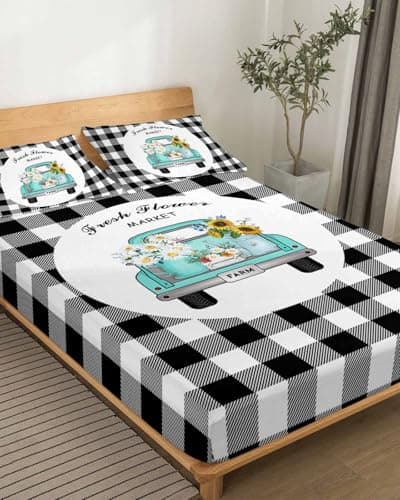 Buffalo Plaid Flower Daisies California King Sheet Set