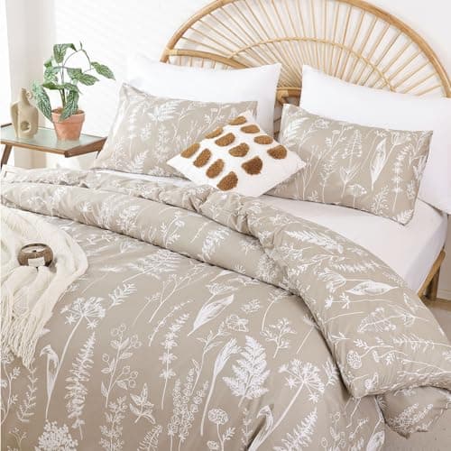JANZAA Queen Oatmeal Floral Comforter Set with 2 Pillow Shams