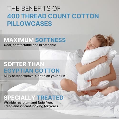 Cotton Queen Size Pillow Cases - Cooling, Breathable & Soft - 400 Thread Count - Machine Washable - White