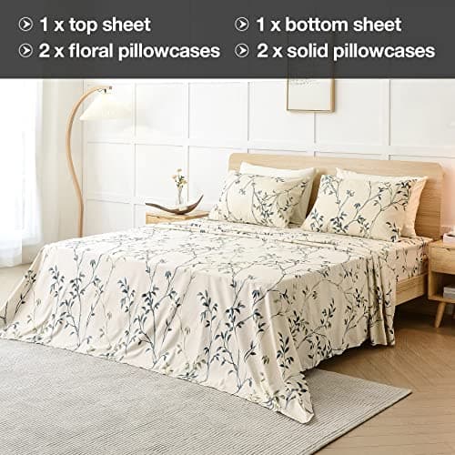 JSD King Size Beige Leaves Printed Microfiber Sheet Set