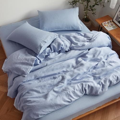 GOTS Certified Sijo Stone Washed Organic French Linen Bed Sheet Set, Dove, Queen
