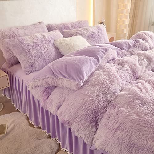 Tie Dye Purple Faux Fur King Comforter & Pillowcases Set