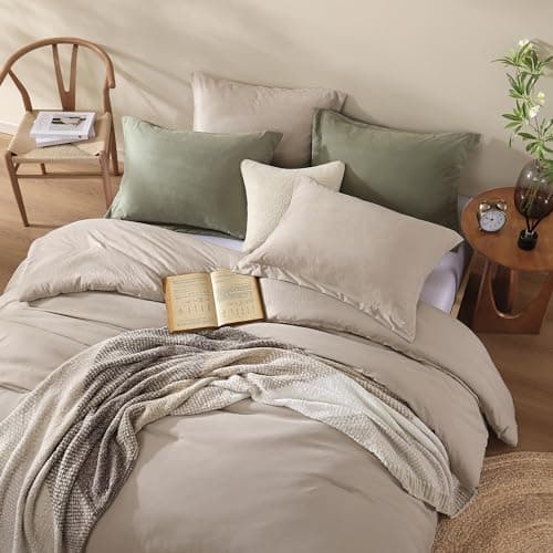 Boho Queen Comforter Set Beige, 3-Piece Modern Farmhouse Bedding Light & Fluffy