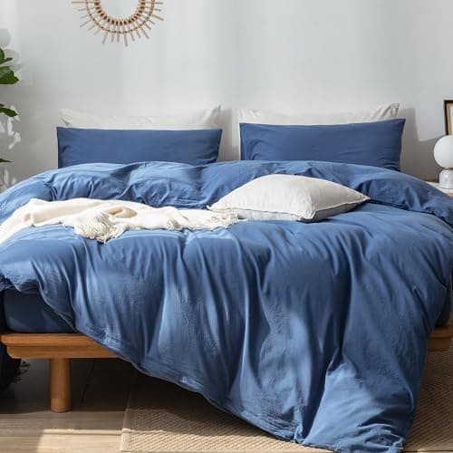 MooMee Bedding Duvet Cover Set in Brown, Queen Size 100% Washed Cotton Linen Like Textured Breathable and Durable Soft Comfy