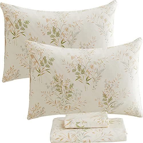 Queen Percale Cotton Sheets Set, Luxury Vintage Roses Floral, Deep Pocket Fitted, Super Soft & Breathable, 4pcs