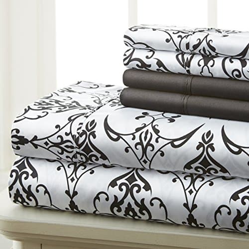 King Size Bed Sheets Set - Deep Pockets, Floral Ultra Soft Microfiber, 90 Thread Count (Grey/Yellow Medallion)