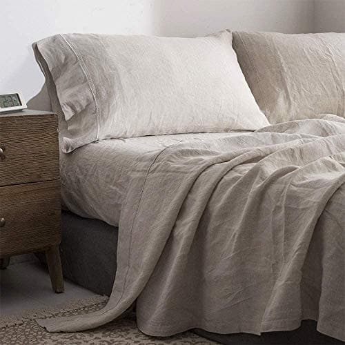100% Washed Linen Sheet Set - King Size - Natural France Flax - 4 Piece Breathable Ultra Soft Farmhouse Bedding - Embroidery Linen