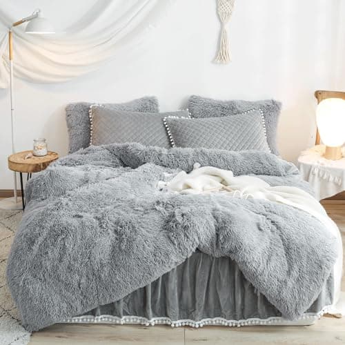 Fluffy White Duvet Cover Set for Twin Bed, 2 Pieces (1 Faux Fur Duvet Cover + 1 Plush Pillow Cases)