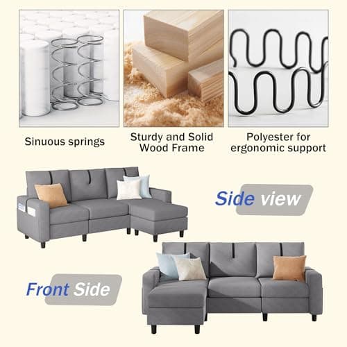Modern 3-Seat L Shaped Sectional Sofa with Reversible Ottoman, Light Grey Linen Fabric