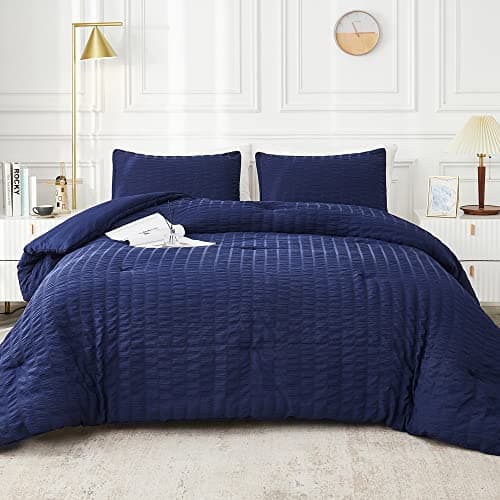 Beige Seersucker Queen Comforter Set - 3 Pieces, 100% Washed Microfiber, Lightweight Comforter with 2 Pillowcases