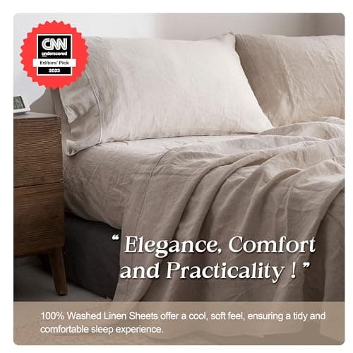100% Washed Linen Sheet Set - King Size - Natural France Flax - 4 Piece Breathable Ultra Soft Farmhouse Bedding - Embroidery Linen