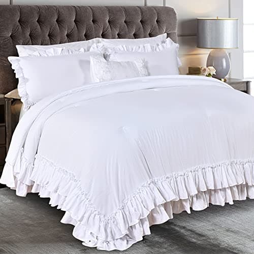 Masaca Ruffled Comforter Set Queen, Farmhouse Boho Chic Linen Feel Bedding