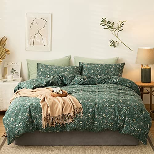 VM VOGUEMARKET Gold Green Flower Percale cotton Duvet Cover with Zipper Closure