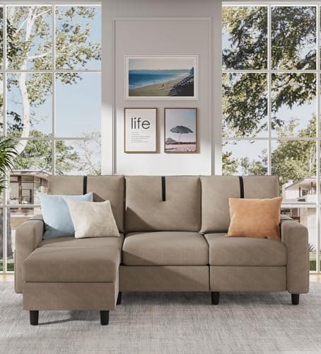Modern 3-Seat L Shaped Sectional Sofa with Reversible Ottoman, Light Grey Linen Fabric
