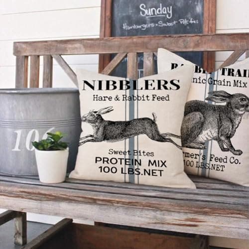 Retro Hare Pattern Pillow Covers Set of 2 - Farmer's Market Bunny Rabbit Farm Home Décor