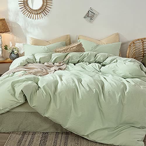 MooMee Bedding Duvet Cover Set in Brown, Queen Size 100% Washed Cotton Linen Like Textured Breathable and Durable Soft Comfy