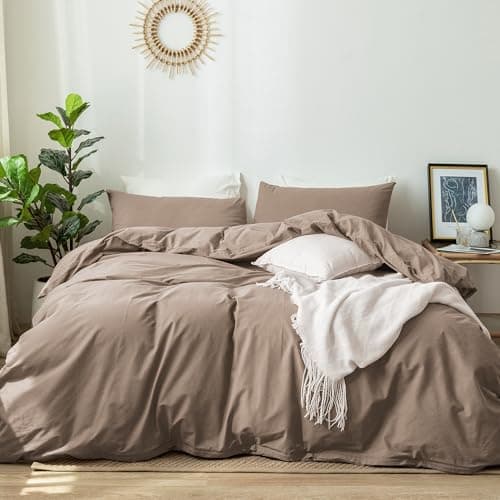 MooMee Bedding Duvet Cover Set in Brown, Queen Size 100% Washed Cotton Linen Like Textured Breathable and Durable Soft Comfy
