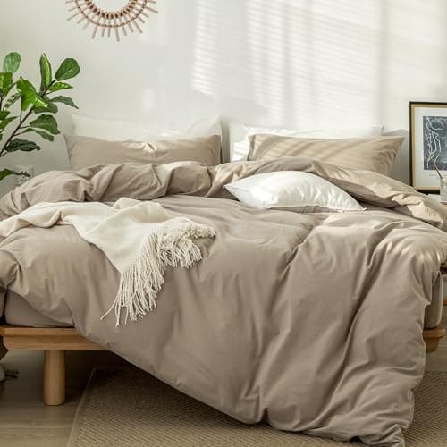 MooMee Bedding Duvet Cover Set in Brown, Queen Size 100% Washed Cotton Linen Like Textured Breathable and Durable Soft Comfy