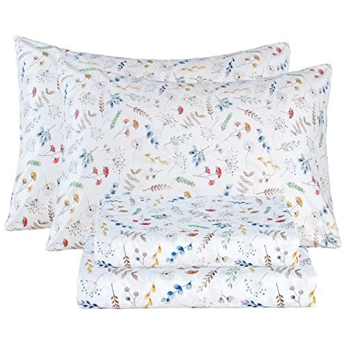 Ultra Soft Breathable Silky Flower Bed Sheets - 4 Piece Full Size White Floral