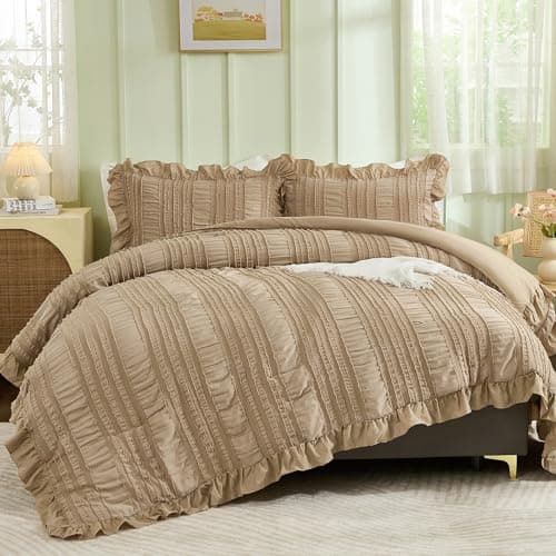 WONGS BEDDING Queen Shabby Chic Comforter Set 3 Pieces Ruffle SeersuckerTextures