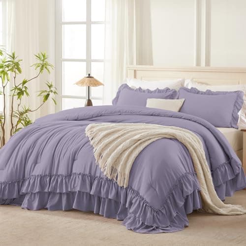 White Shabby Chic Queen Comforter Set with Microfiber Ruffles & Pillowcases