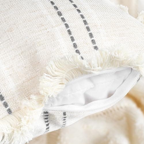 20x20 Beige Fringe Pillow Covers with White & Gray Stripe, Farmhouse Boho Style (Cover Only)