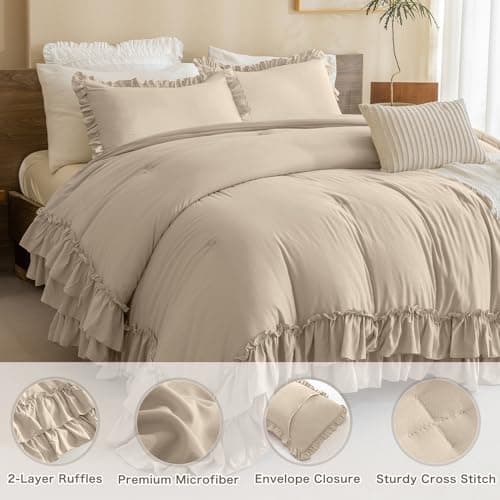 Masaca Ruffled Comforter Set Queen, Farmhouse Boho Chic Linen Feel Bedding