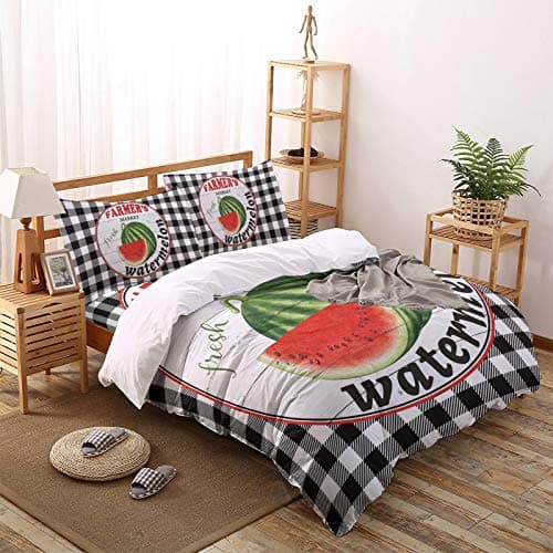 Rustic Wood Watermelon 4 Piece Bedding Set for Kids Black Buffalo Plaid