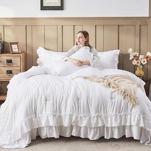 White Shabby Chic Queen Comforter Set with Microfiber Ruffles & Pillowcases
