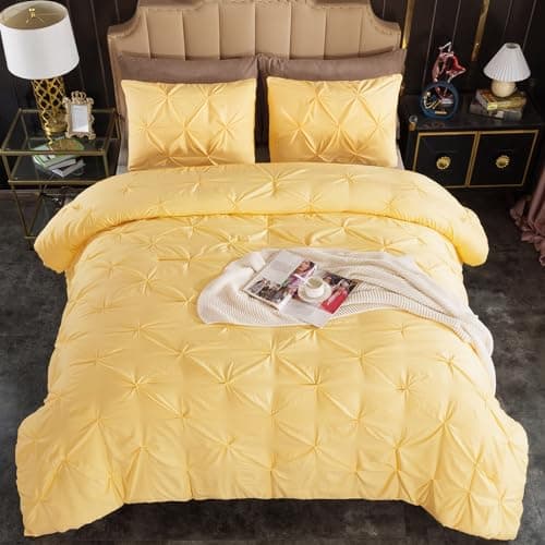 Andency White Queen Size Comforter Set, 3-Piece Cute Pinch Pleat bedding