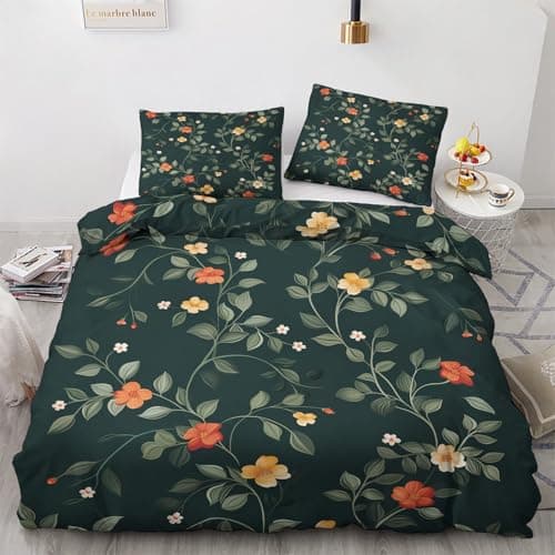 Oversized Queen Wildflower Duvet Cover & Shams, Green Quilt Set with Zipper